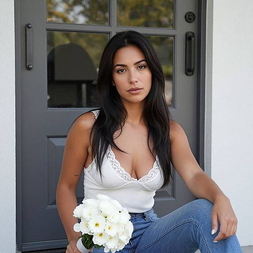 Photograph of a young woman with long black hair, wearing a white lace-trimmed tank top and blue jeans, holding a bouquet of white flowers