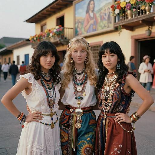 Photograph of three women with diverse ethnicities, wearing ornate, colorful traditional dresses and jewelry, standing confidently in front of a rustic building with a