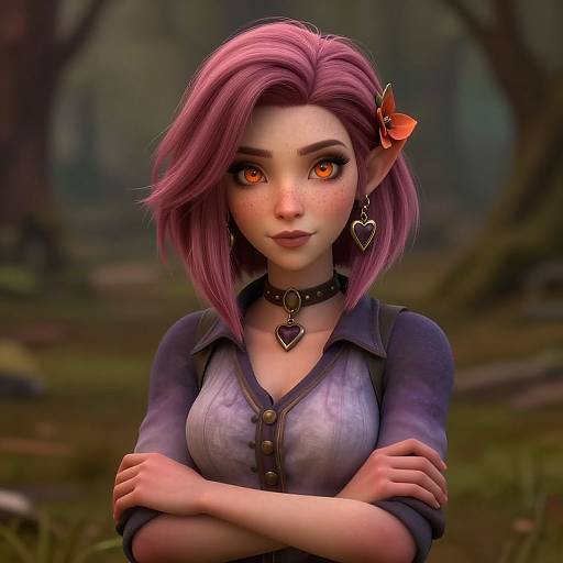 Digital artwork of a pink-haired, orange-eyed, elven woman with freckles, wearing a choker, heart earrings, and a buttoned
