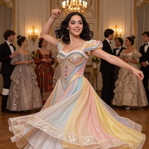 Radiant Woman Dancing in Candlelit Ballroom