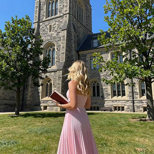 Blonde Woman in Pink Dress by Stone Building
