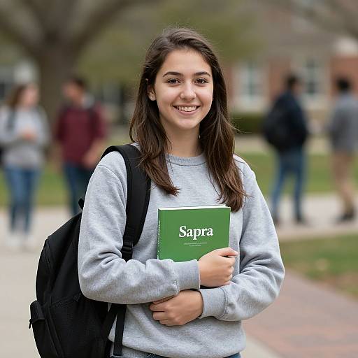 Smiling Woman with Book on Campus