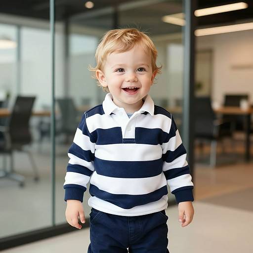 Photograph of a smiling, blonde toddler with light skin wearing a navy and white striped shirt, standing in a modern office with glass walls and black chairs