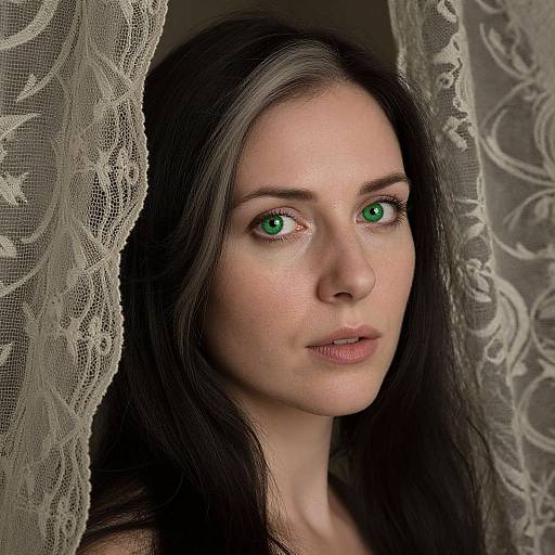 Photograph of a pale-skinned woman with striking green eyes, long black hair, and lace curtains framing her face, creating a mysterious and elegant atmosphere