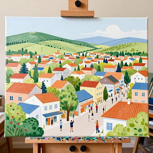 Vibrant digital painting of a quaint village with red-tiled roofs, green hills, and colorful houses, displayed on an easel.
