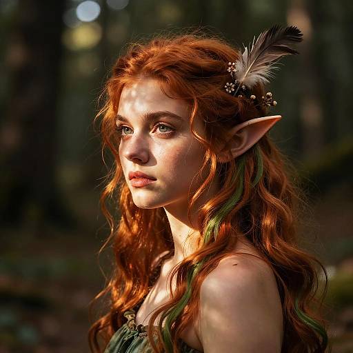 Digital painting of a red-haired elf woman with pointed ears, wearing a feather headpiece, in a sunlit forest, with a serious expression.