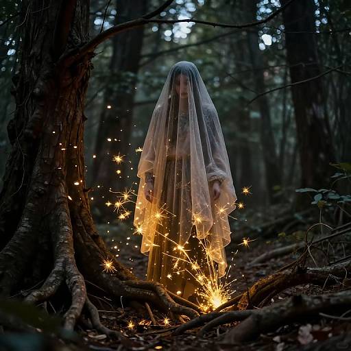 Photograph of a mysterious figure in a transparent veil, standing in a dark forest, surrounded by glowing sparks, illuminated by fireflies.