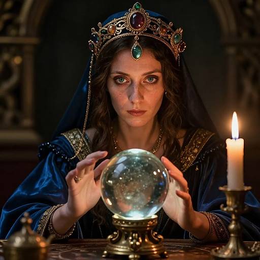 Photograph of a serious dark-haired queen with a jeweled crown, blue gown, holding a glowing crystal ball, candlelit, medieval setting.
