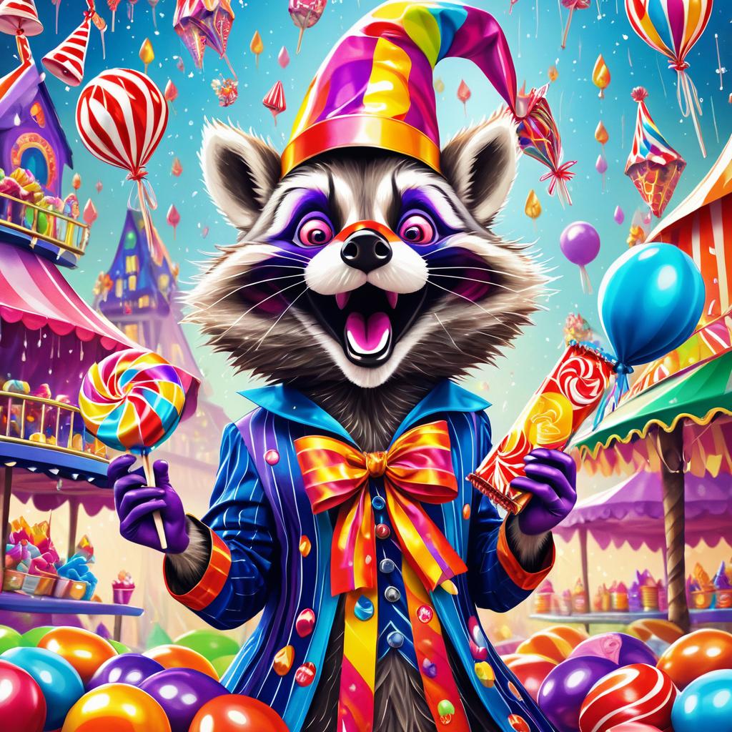 Whimsical Raccoon Jester in Carnival Scene