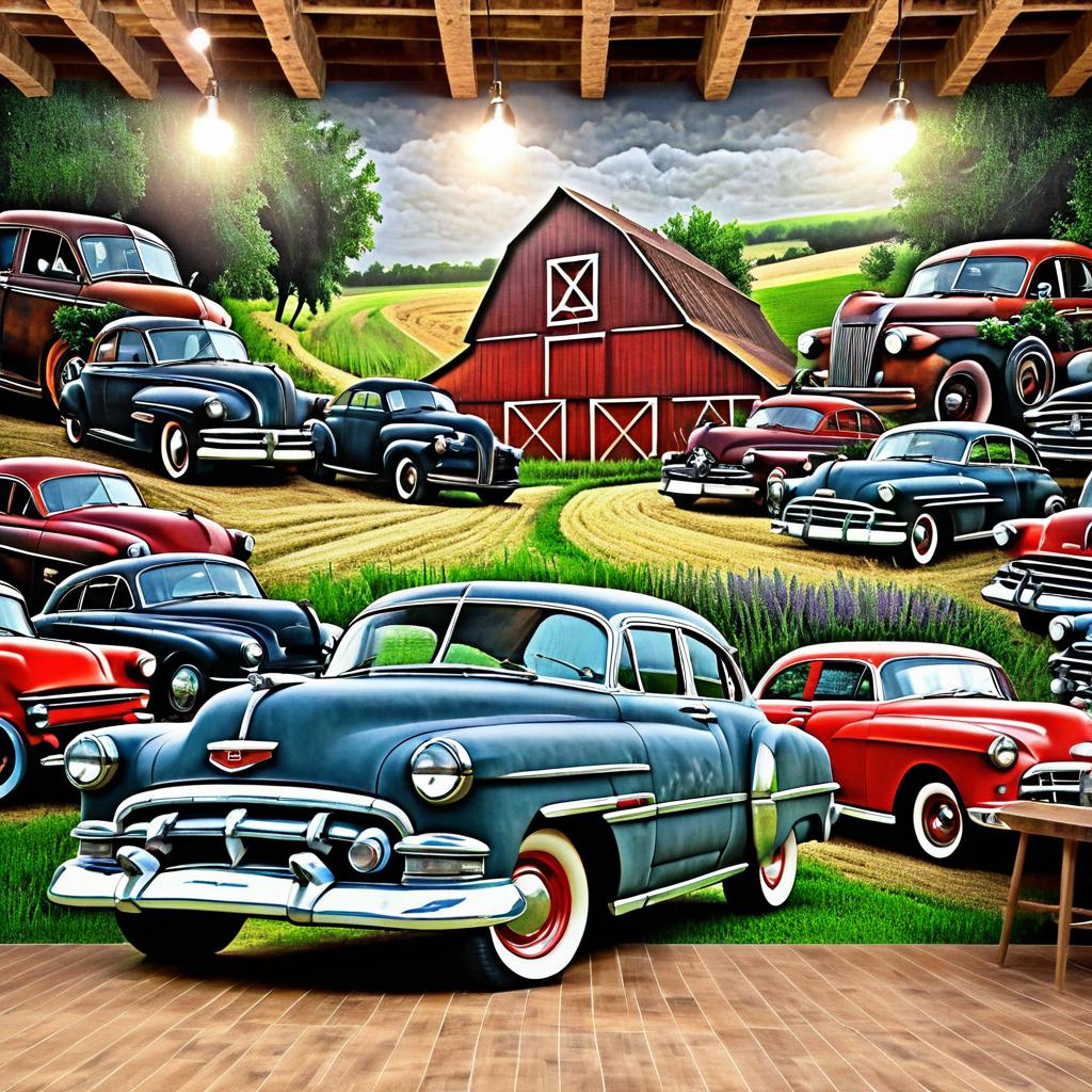 Rustic Barn Mural with Vintage Vehicles