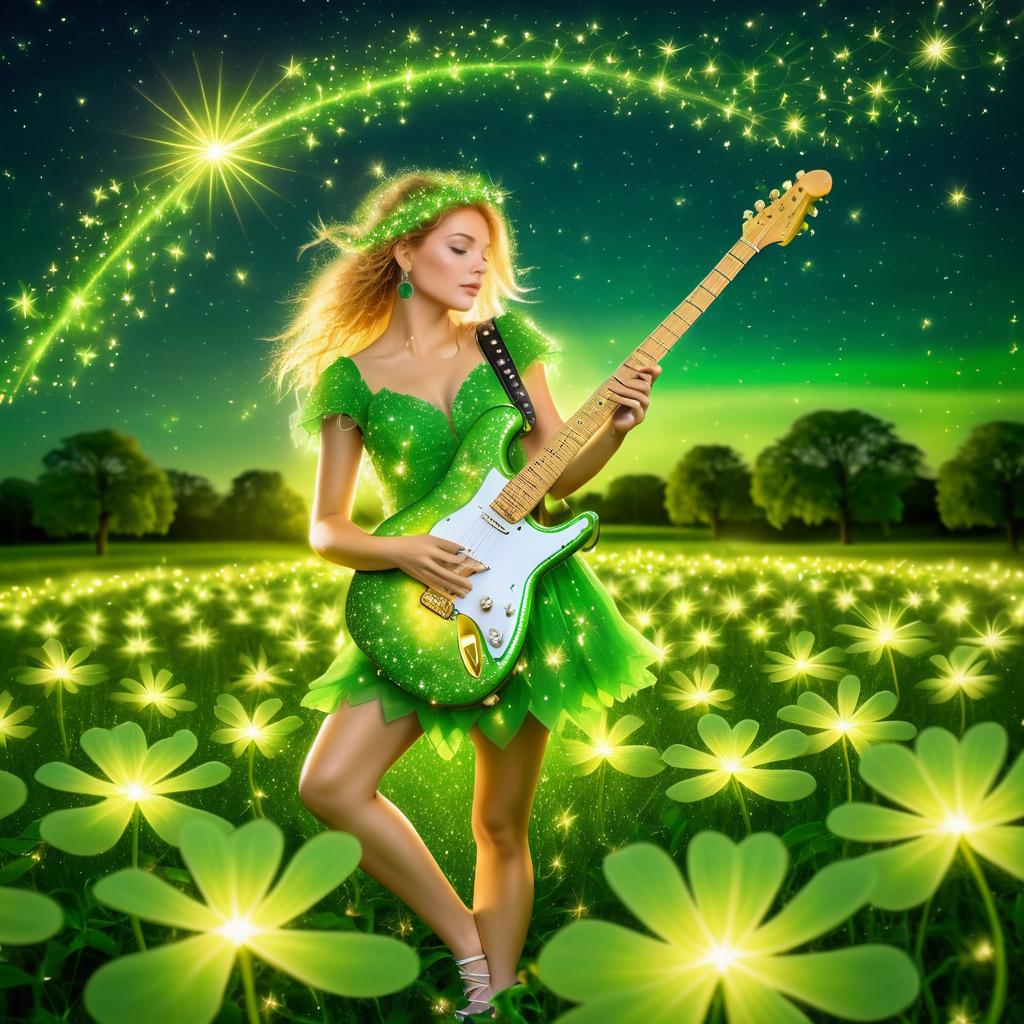 Whimsical Fairy with Golden Guitar in Clover