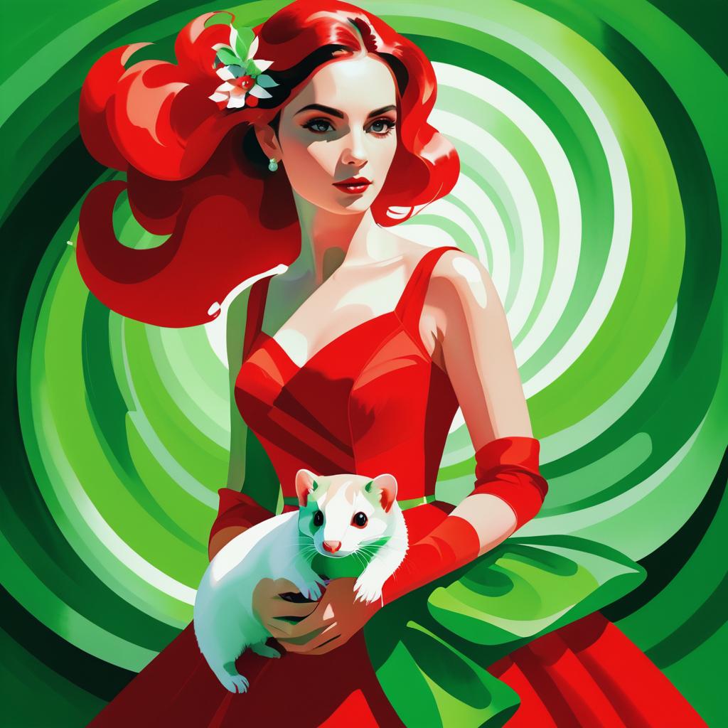 Vibrant Woman in Red Dress with Ferret