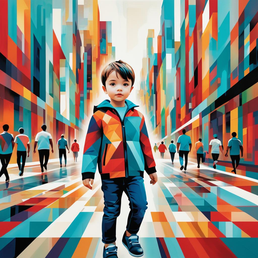 Modern Abstract City Scene with Boy