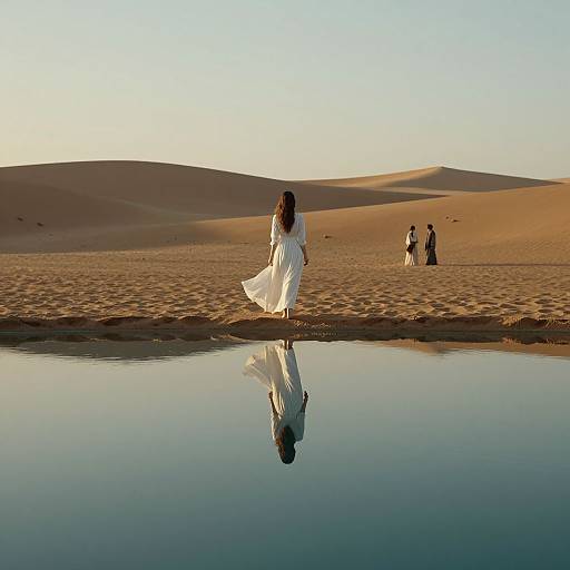 Photograph of a woman in a flowing white dress running towards a desert oasis, her reflection perfectly mirrored in the calm water, with two people in the