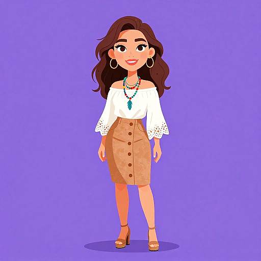 Cartoon-style woman with long brown hair, white off-shoulder blouse, beige button-up skirt, teal necklace, hoop earrings, brown heels,