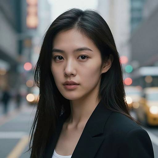 Photograph of an Asian woman with long black hair, wearing a black blazer, standing in a busy city street with blurred yellow taxis and lights in