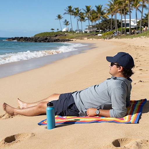 Photograph of a man in a gray shirt and black cap, reclining on a rainbow towel on a sunny beach, with a blue water bottle beside