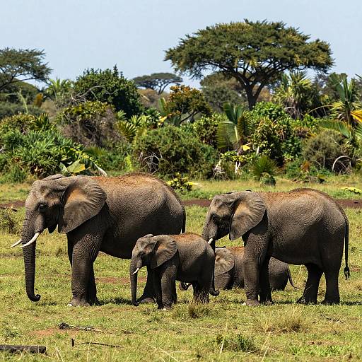 Photograph of a family of five African elephants standing on grassy savanna, with tall acacia trees and dense greenery in the background.