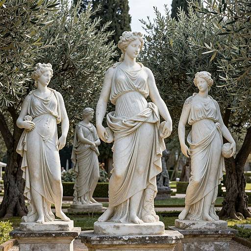 Photograph of three classical marble statues of draped women with detailed hair and drapery, standing in an olive tree garden.