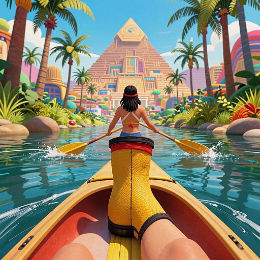 Digital art: Woman with black hair in yellow, textured, thigh-high skirt paddles yellow canoe through vibrant, tropical river towards pyramid temple.