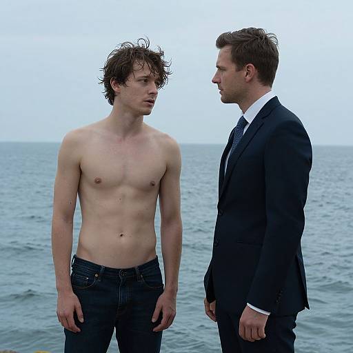 Photograph of a shirtless, slender young man with wet hair standing beside a suited, clean-shaven man by a calm ocean.