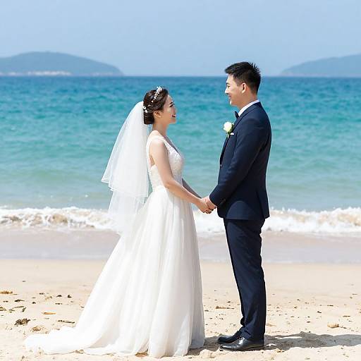 Photograph of a smiling Asian bride in a white wedding dress and veil, holding hands with a groom in a black suit, standing on a sunny beach