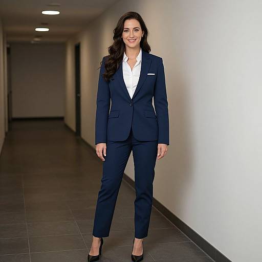 Photograph of a confident woman with long brown hair, wearing a navy blue suit, white shirt, and black heels, standing in a modern, illuminated