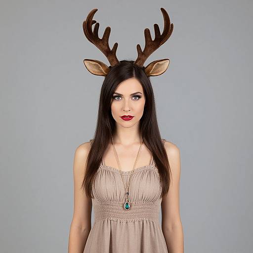 Photograph of a pale-skinned woman with long black hair, wearing antlers, red lipstick, beige dress, and turquoise necklace, against a plain