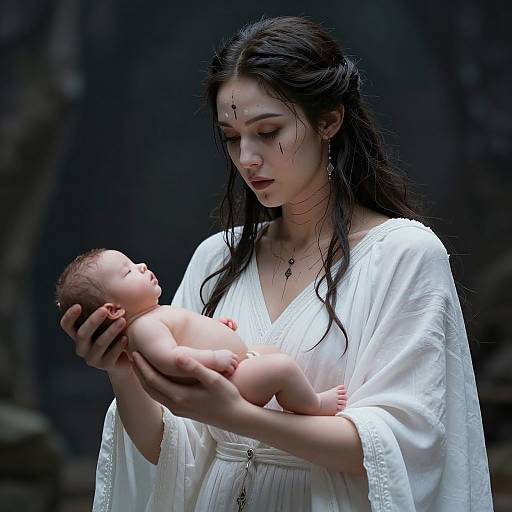 Photorealistic CGI of a pale, dark-haired woman in a white robe holding a naked, sleeping baby, dark background, ethereal, serene.