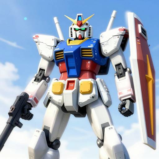 Photorealistic digital rendering of a vibrant, blue-and-white Gundam-style mecha with red chest, yellow waist, and large shield, standing against a
