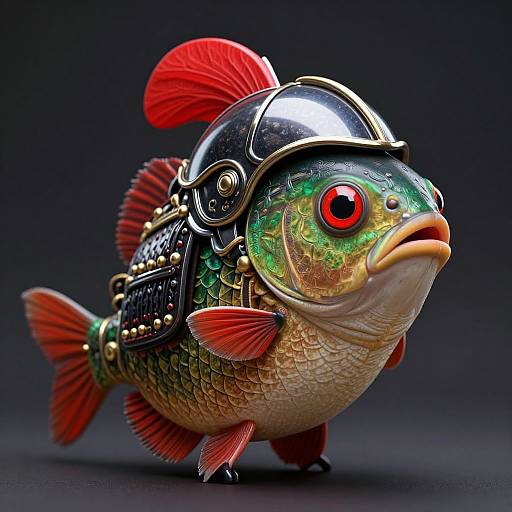Photorealistic, intricately detailed fish sculpture with colorful scales, red fins, and metallic armor helmet, set against a dark background.