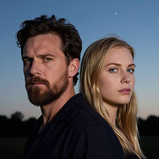 Photograph of a bearded, dark-haired man and a blonde woman with blue eyes, both in black clothing, standing back-to-back against a twilight