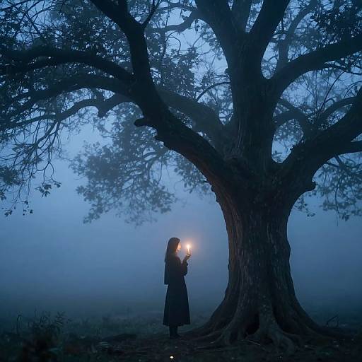 Silhouetted woman holding a candle under a large, ancient tree in a misty, blue-lit forest at dusk. Photograph.