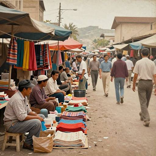 Photograph of a bustling outdoor market with men sitting under colorful tarps, selling folded clothes, and customers walking down the street.
