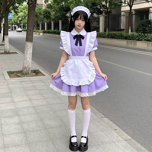 Photograph of an Asian woman in a lavender and white French maid outfit, black ribbon bow, white knee socks, black Mary Jane shoes, standing on