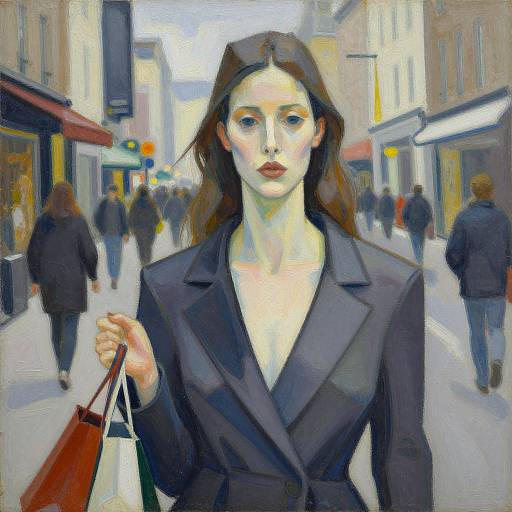 Digital painting of a pale-skinned woman with brown hair, wearing a black blazer, holding a brown shopping bag, walking down a busy, blurred