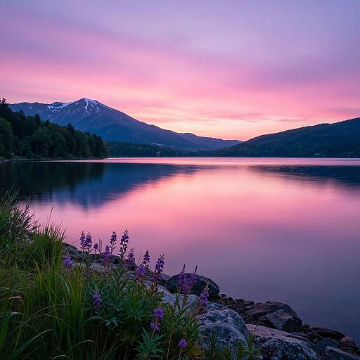 Photograph of a serene lake at twilight, reflecting pink and purple sky, surrounded by dark mountains, with grass and purple flowers in the foreground.