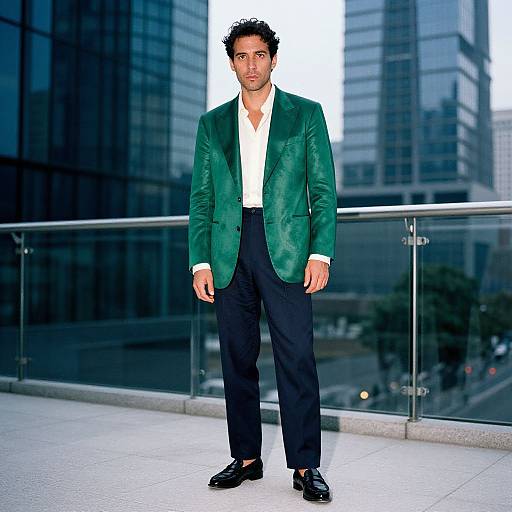Photograph of a handsome man with curly hair, medium build, olive skin, wearing a green velvet blazer, white shirt, black pants, and