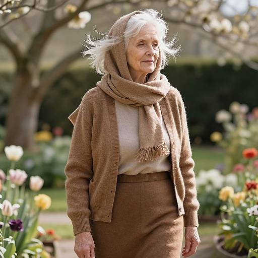 Photograph of an elderly white woman with short white hair, wearing a brown cardigan, scarf, and skirt, walking in a vibrant garden with blo