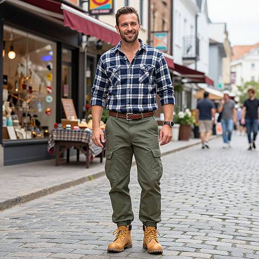 Photograph of a smiling, bearded man in a blue plaid shirt, olive cargo pants, and tan boots, standing on a cobblestone