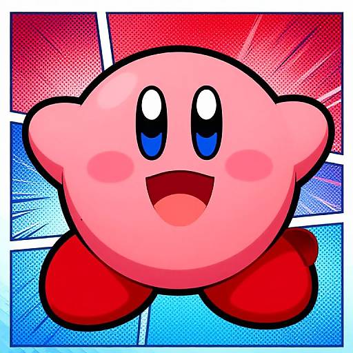 Colorful digital drawing of Kirby, a round pink character with big blue eyes and red feet, smiling against a dynamic comic-style background.