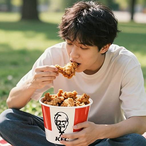 Photograph of an Asian man with short black hair, wearing a white t-shirt, eating chicken nuggets from a red and white KFC cup,