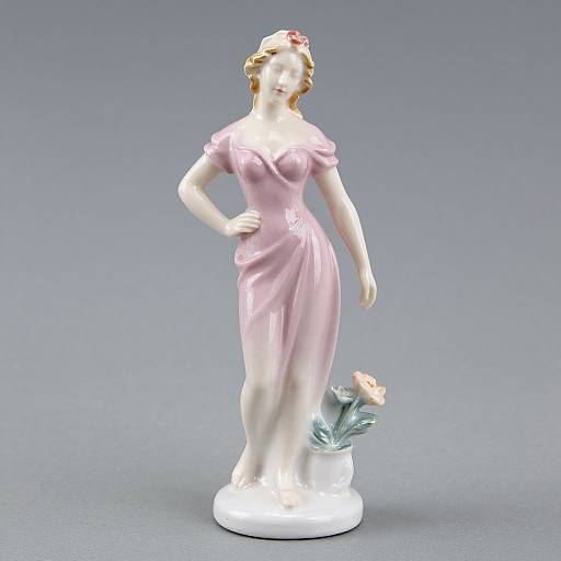 Photograph of a white ceramic statue of a blonde woman in a pink dress, standing with one hand on her hip, holding a rose in a vase
