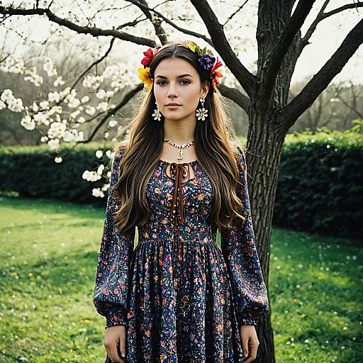 Young Woman in Floral Dress with Flower Hair Accessories
