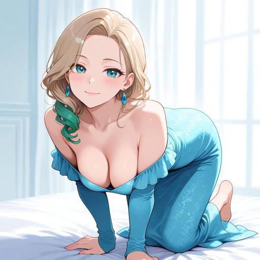 Charming Lady in Blue Dress with Curls Charming Lady in Blue Dress with Curls
