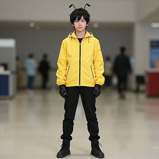 Photograph of an Asian male model with short black hair, wearing a yellow jacket, black pants, gloves, and boots, standing in a brightly lit