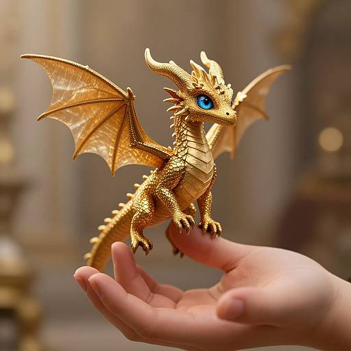 Photograph of a small, golden, dragon figurine with blue eyes, perched on a human hand, in a blurred, ornate background.