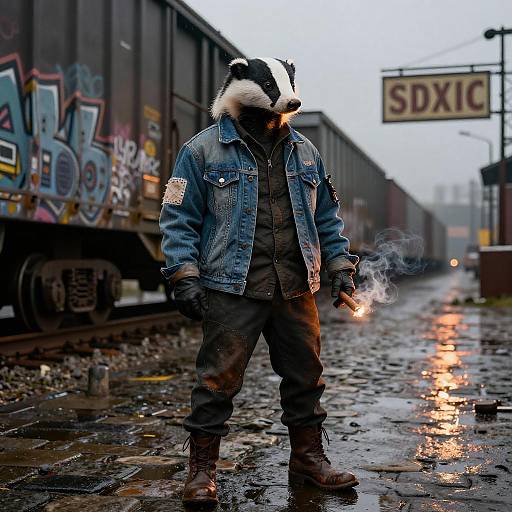 Photograph: A person in a black-and-white mask, denim jacket, and dark pants stands on a wet, graffiti-covered train track, smoking a