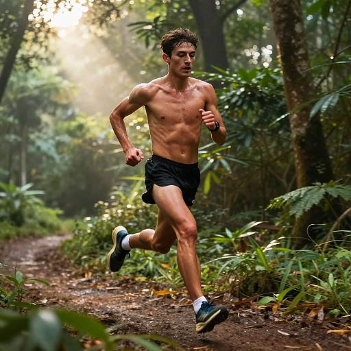 Photograph of a muscular, shirtless man in black shorts and blue running shoes, jogging through a lush, sunlit forest trail.