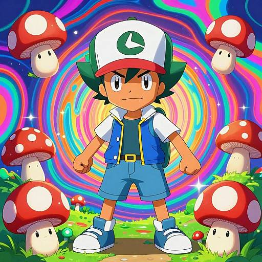 Digital anime-style drawing of a boy with green hair, white hat, blue vest, and shorts, standing confidently in front of colorful, swirling background with